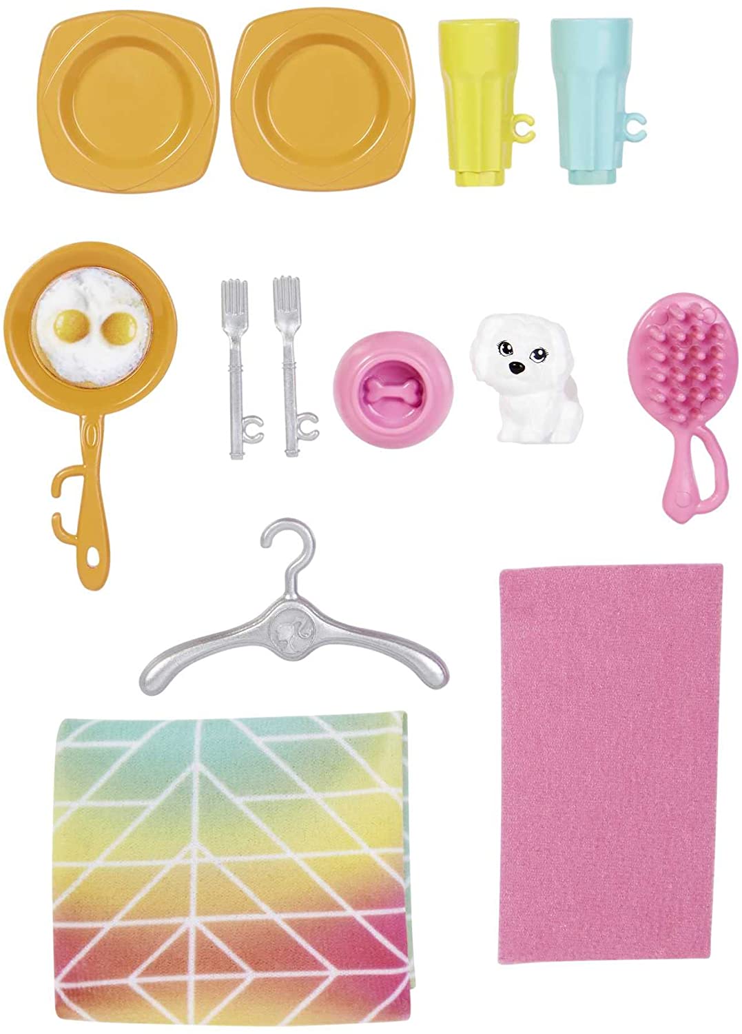 Barbie House and Doll accessories including plates, cups, frying pan with eggs, cutlery, pet puppy, brush, hanger, and blankets.