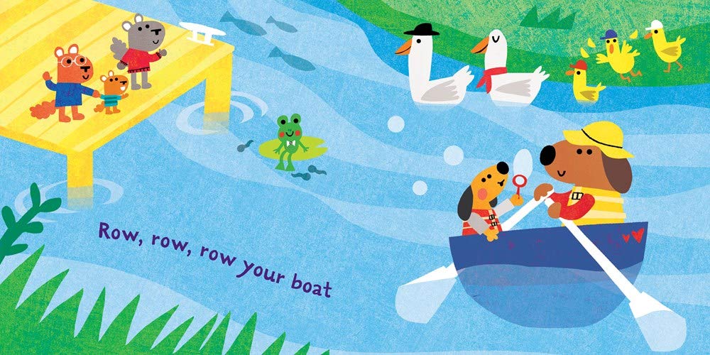 Indestructibles: Row Row Row Your Boat features colorful animals in a boat on a river, promoting rhythm and rhyme.