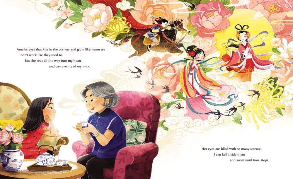 Eyes That Kiss in the Corners illustration of a girl and grandmother sharing tea with dreamy memories and flowers around.