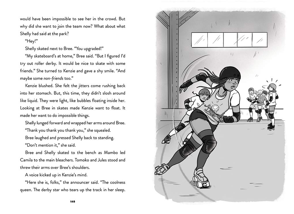 Derby Daredevils book illustration showing Kenzie and friends roller derby practice in a lively indoor rink.