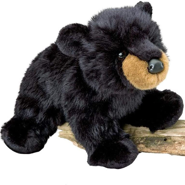Black Bear Boulder plush toy with soft black fur, tan snout, and shiny leatherette nose, perfect for cuddly adventures.