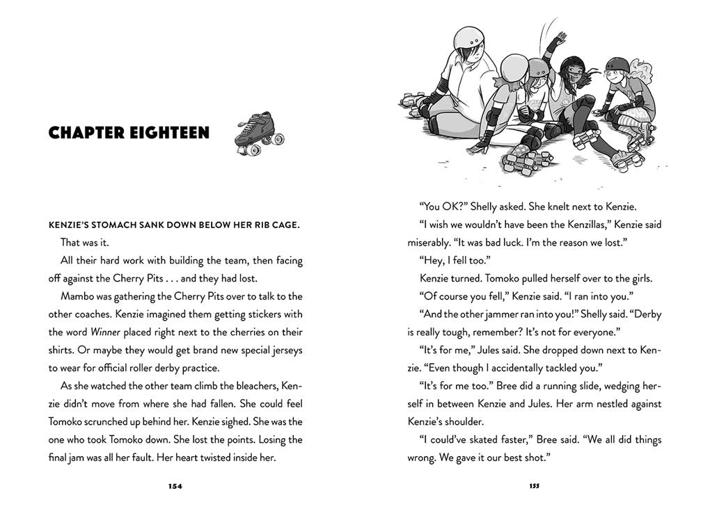 Derby Daredevils book illustration showing fifth graders Kenzie and Shelly with teammates preparing for roller derby.