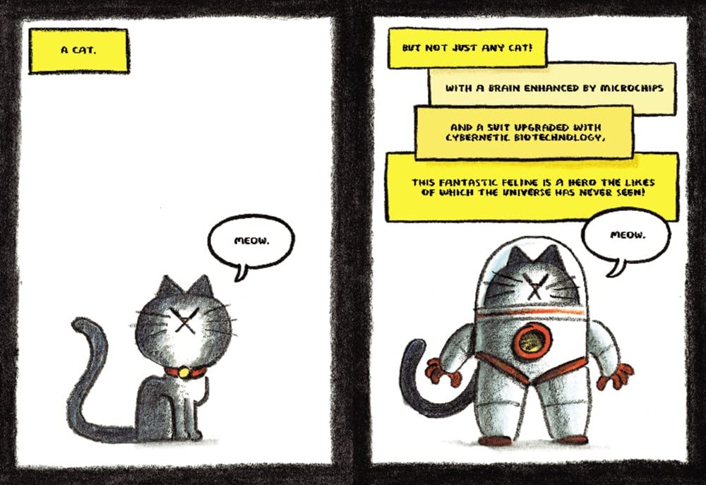 First Cat in Space Ate Pizza showing a cat and the same cat in a cybernetic space suit with speech bubbles saying meow.
