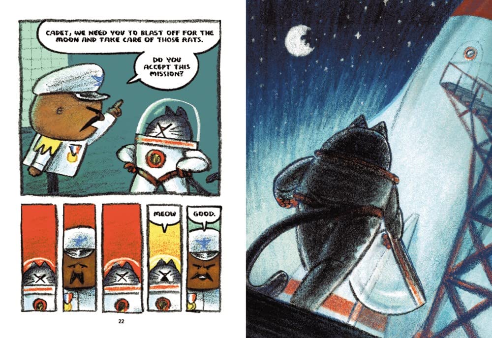 First Cat in Space Ate Pizza book illustration showing a cat astronaut preparing for a moon mission.