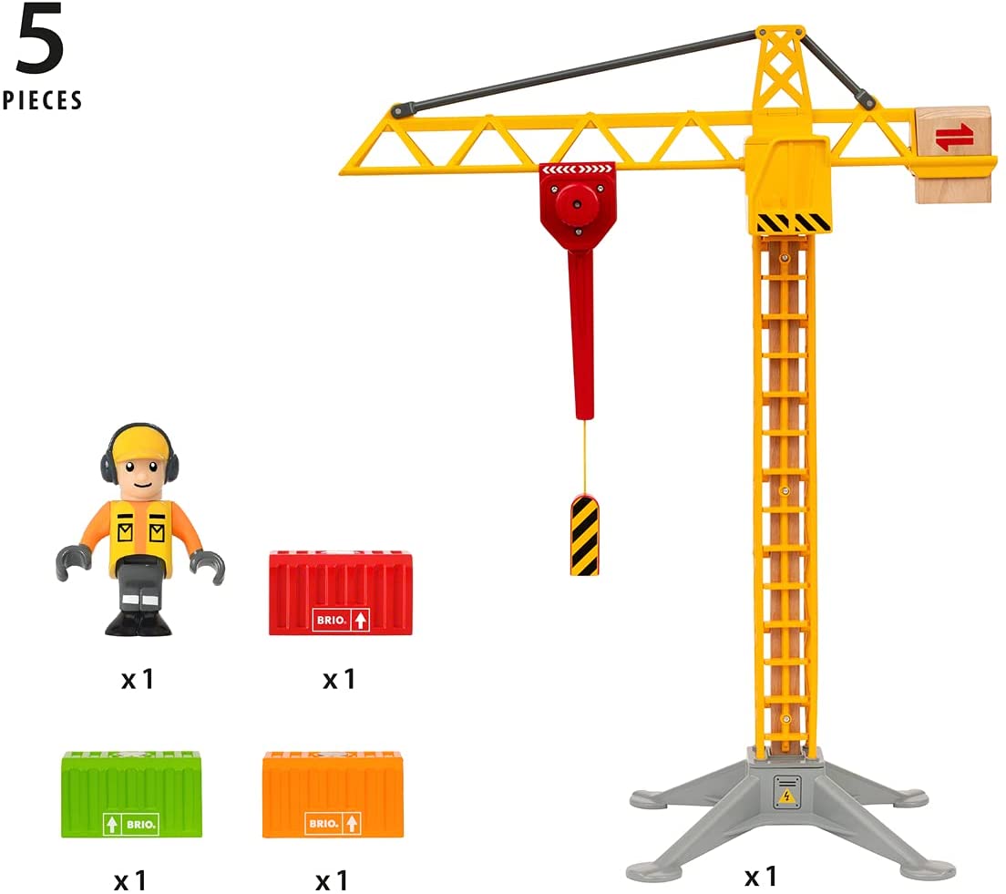 Light Up Construction Crane toy with lights, worker figure, and colorful containers for creative toddler play.