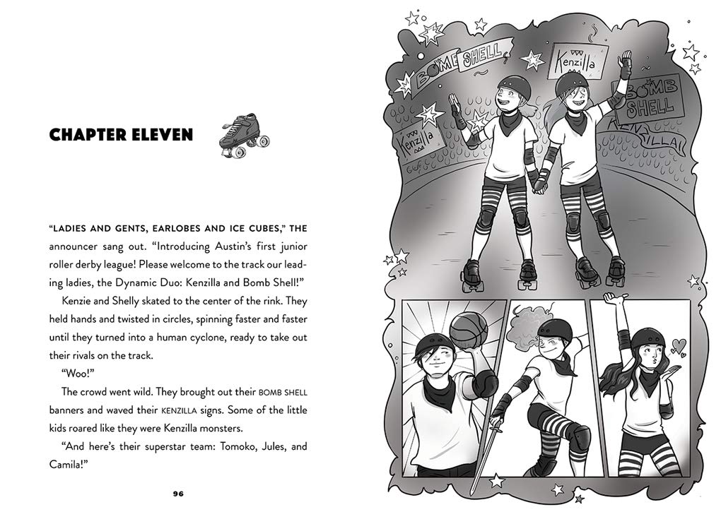 Derby Daredevils book illustration showing Kenzie and Shelly roller skating excitedly at the junior derby league event.