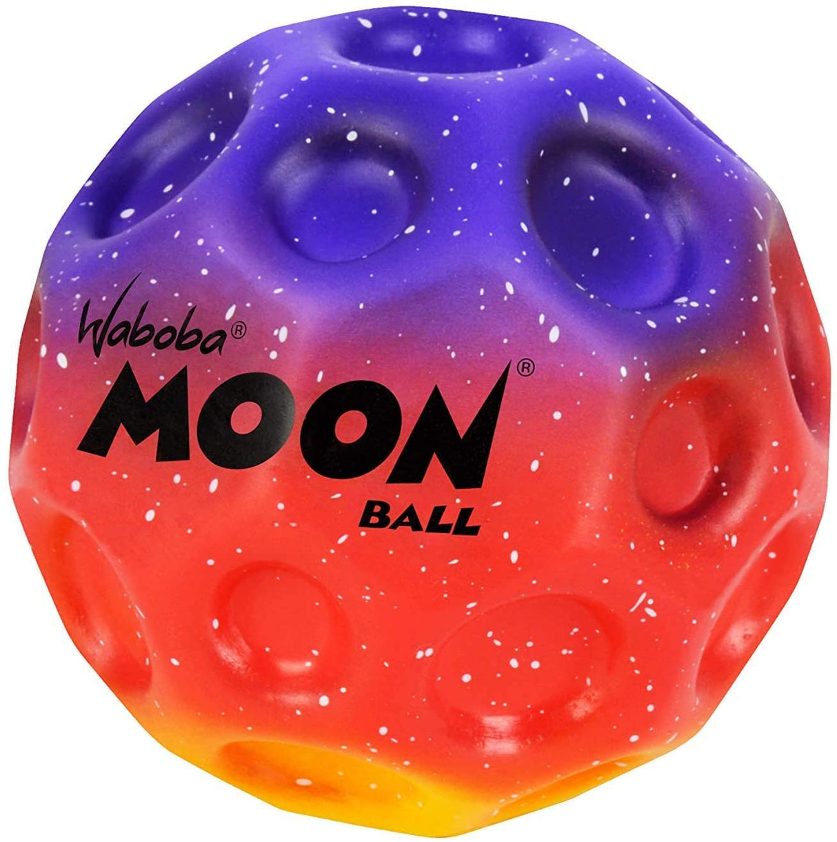 Moon Ball | Gradient small bouncy ball with crater design in purple, red, and yellow colors.