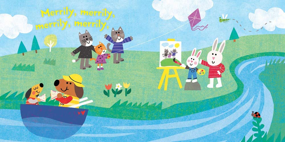 Indestructibles: Row Row Row Your Boat book showing animals boating, painting, and flying kites by the river.