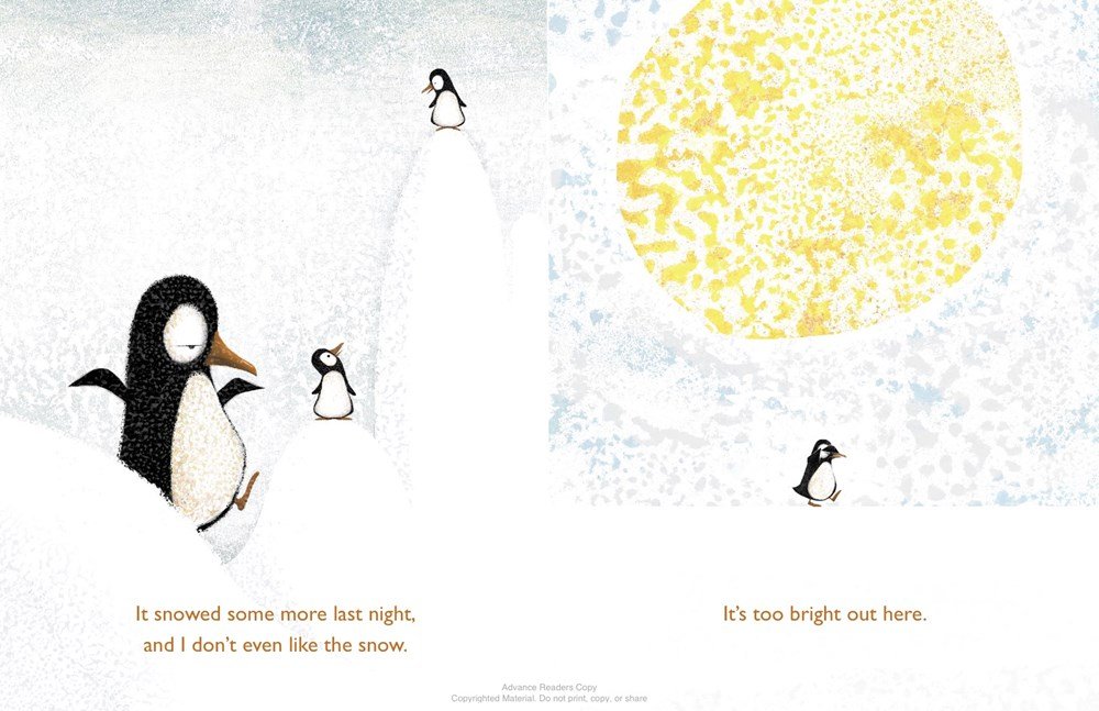 Penguin Problems showing a grumpy penguin on snowy hills and a bright yellow sun in a chilly landscape.