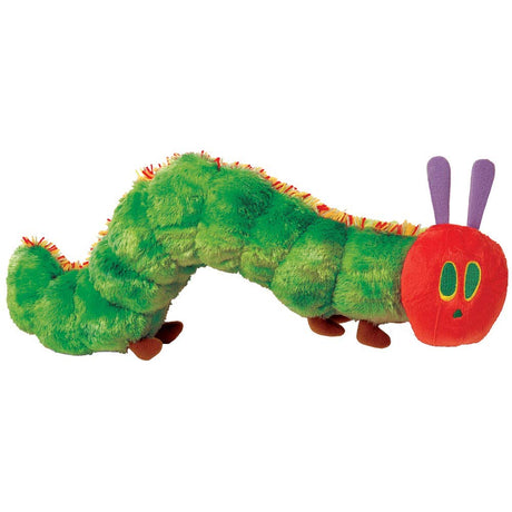 The Very Hungry Caterpillar plush beanbag in green with a red head and purple antennae, soft and cuddly toy.