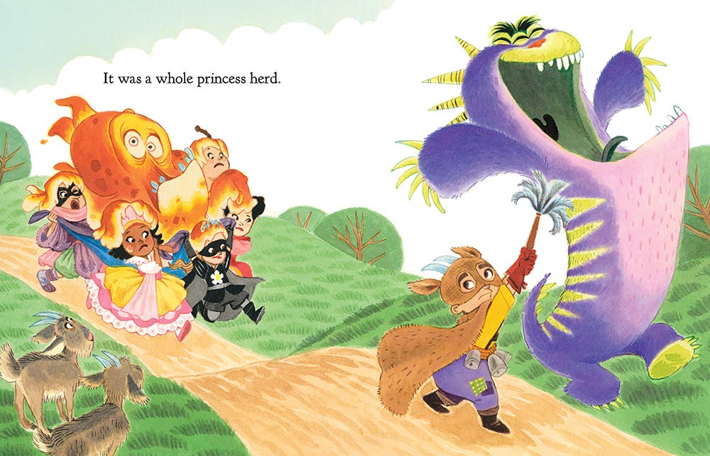Illustration from The Princess in Black and the Science Fair showing princesses and heroes chasing a colorful goo monster outdoors.