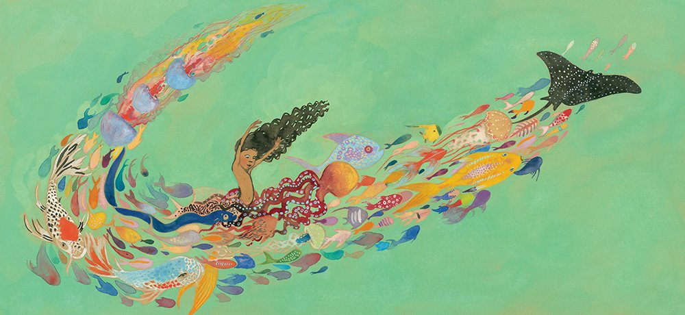 Illustration from Julian is a Mermaid showing a boy swimming joyfully surrounded by colorful fish and a whale’s tail.