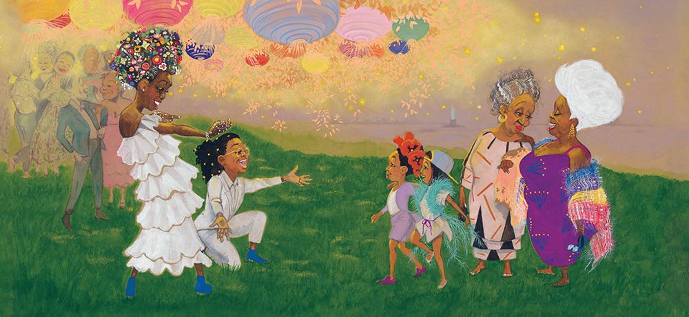 Julian at the Wedding shows joyful characters in colorful attire celebrating outdoors with lanterns and dancing.