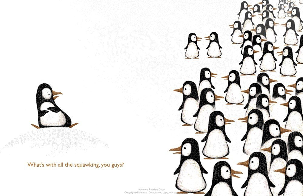 Illustration from Penguin Problems showing a lonely penguin separated from a large group on snowy Antarctica.