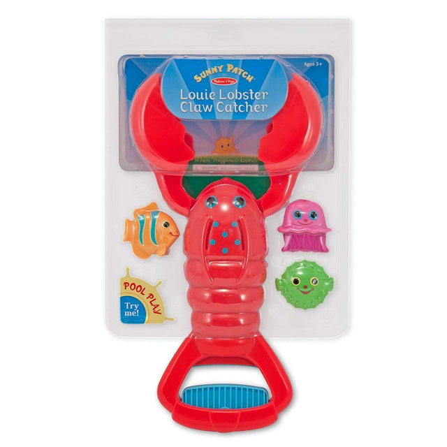 Bright red Louie Lobster Claw Grabber pool toy with three colorful fishy sinkers, fun for indoor and outdoor play.