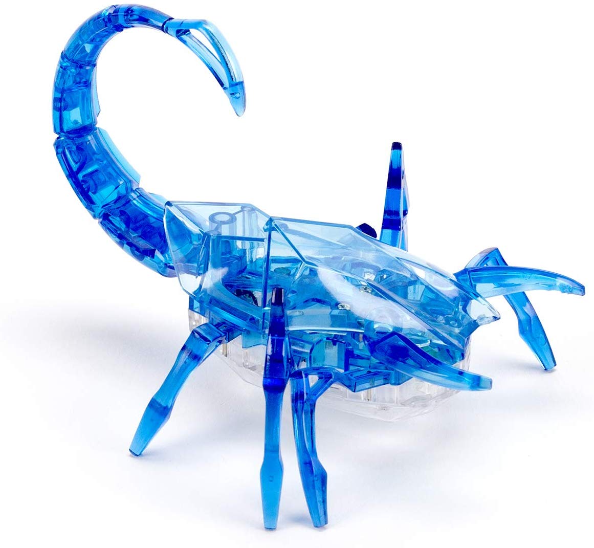 Hex Bots Scorpion in blue, a mechanical crawler with bouncing tail and free-swinging claws for fun and fast movement.