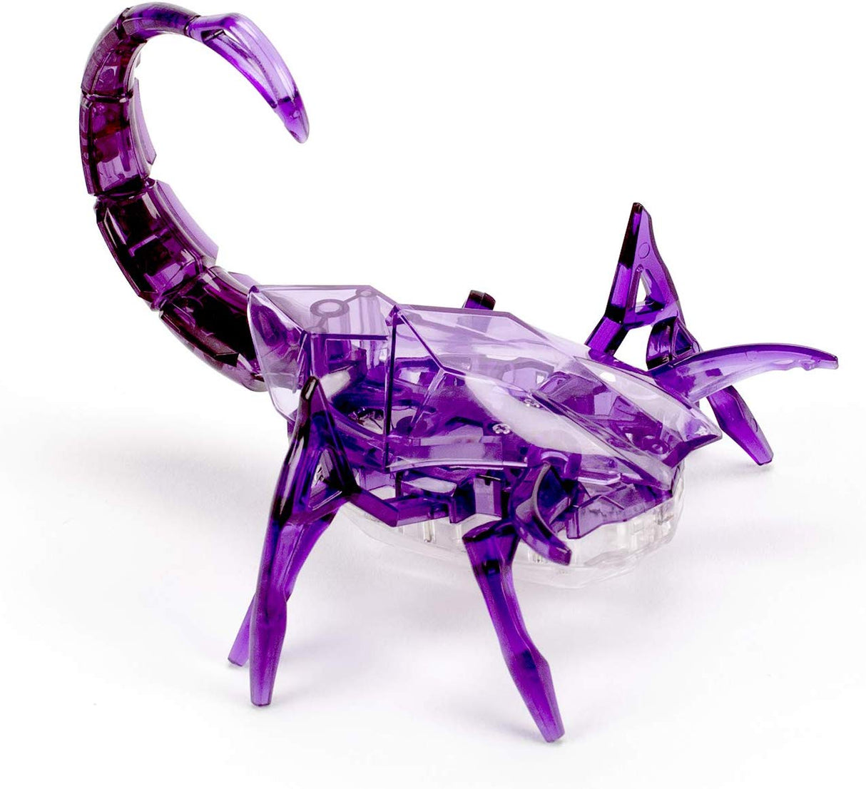 Hex Bots Scorpion in purple translucent plastic with bouncing tail and free-swinging claws, ready to scurry.