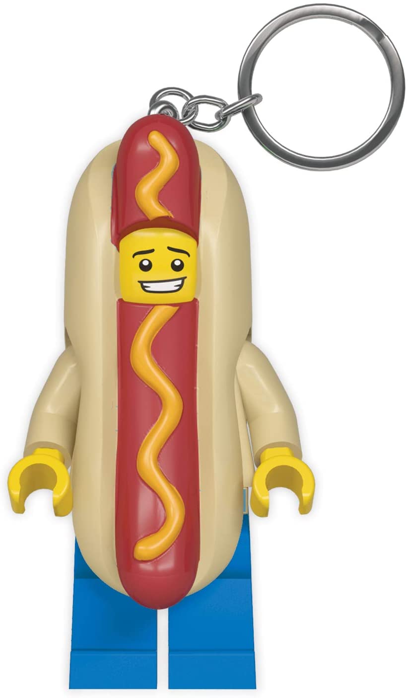 Lego KeyLight Hot Dog Man LED keychain flashlight shaped like a hot dog with poseable arms and legs.
