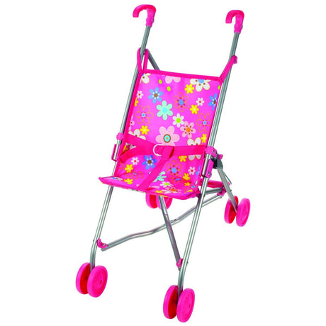 Stroller Umbrella Flowers with pink floral fabric, contoured handles, metal frame, and plastic wheels for dolls up to 18 inches.