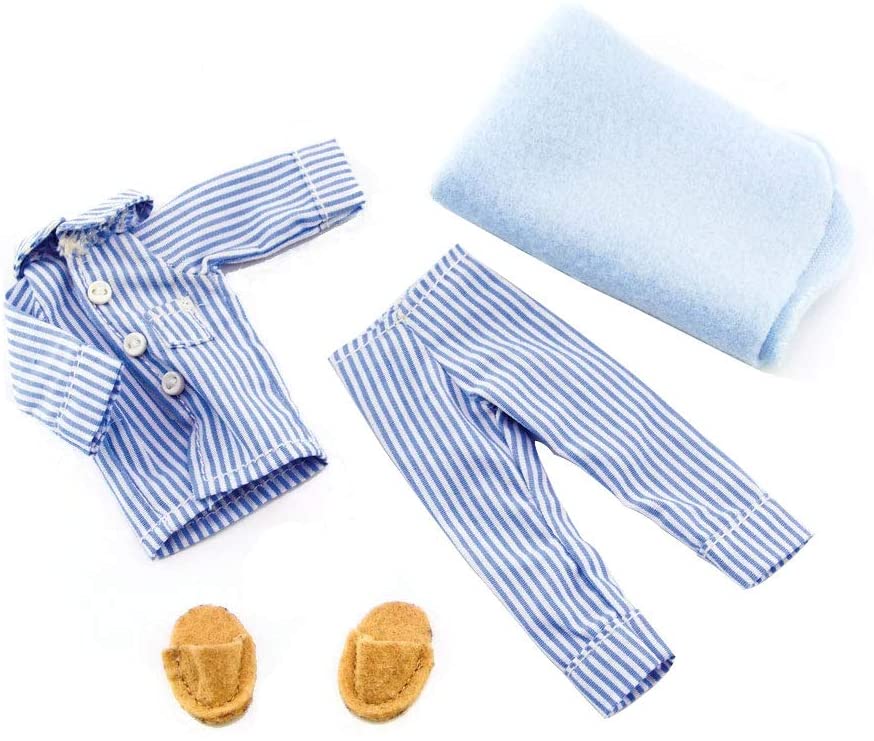 Lottie PJ Outfit featuring blue striped doll pajamas, matching pants, cozy slippers, and a soft blanket set for 7 inch dolls.