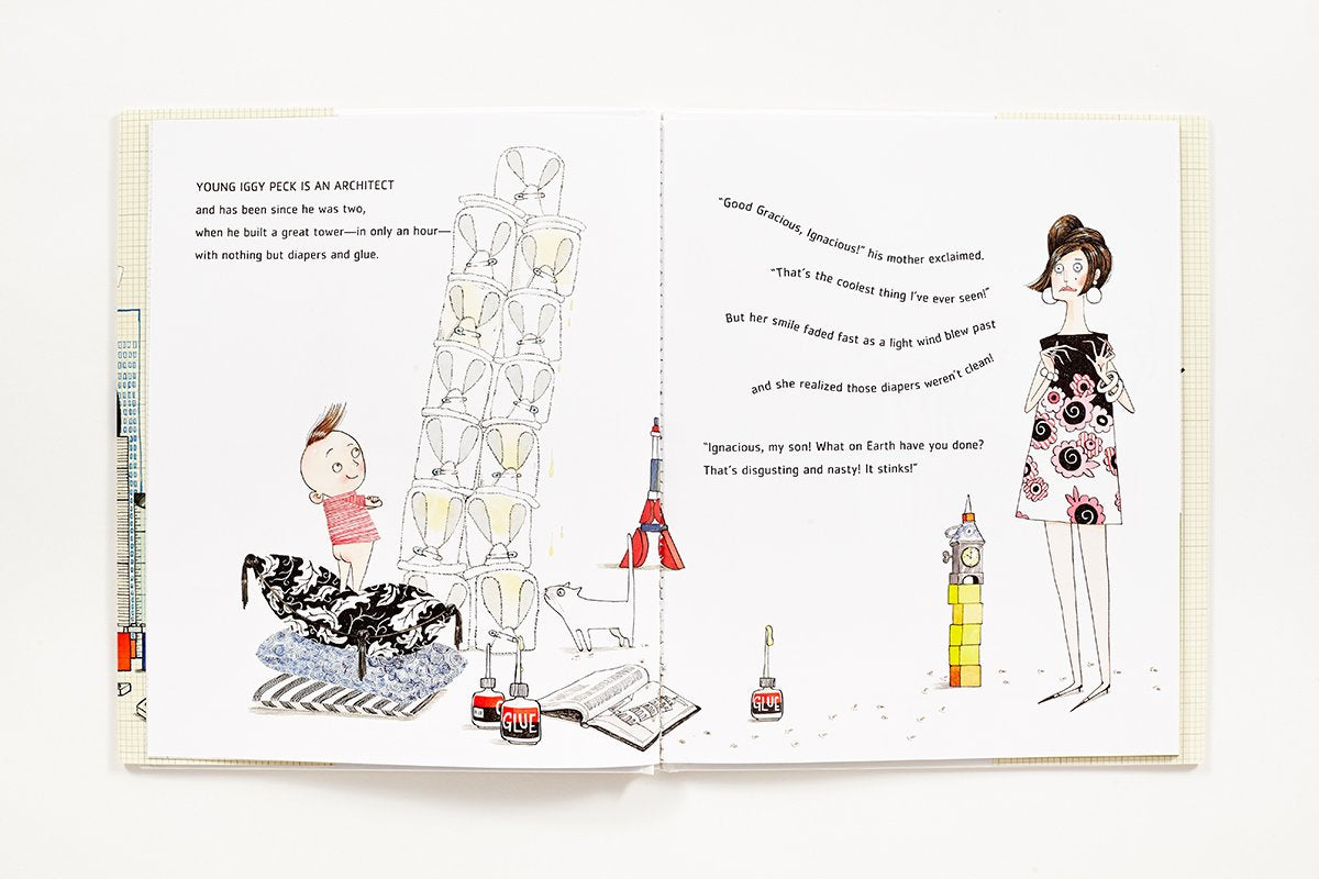 Open book spread of "Iggy Peck, Architect" showing illustrations of child-built towers and a surprised teacher.