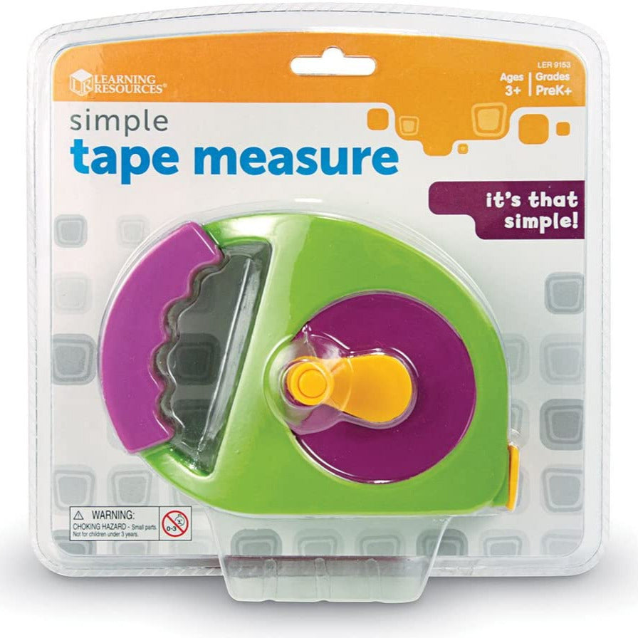 Tape Measure with manual wind, green and purple design, measures up to 4 feet, ideal for young students ages 3 and up.