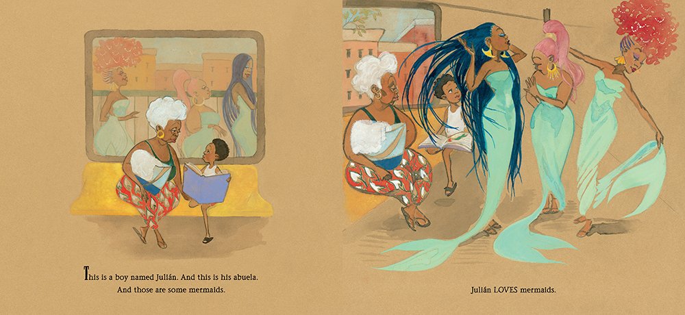 Julian is a Mermaid shows Julian and his abuela on a subway, then Julian imagining mermaids with flowing hair and fishtail dresses.