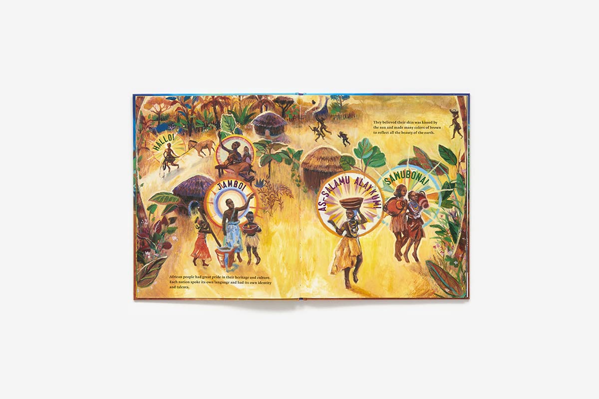 Your Legacy book spread showing vibrant African village life with children and traditional huts illustration.
