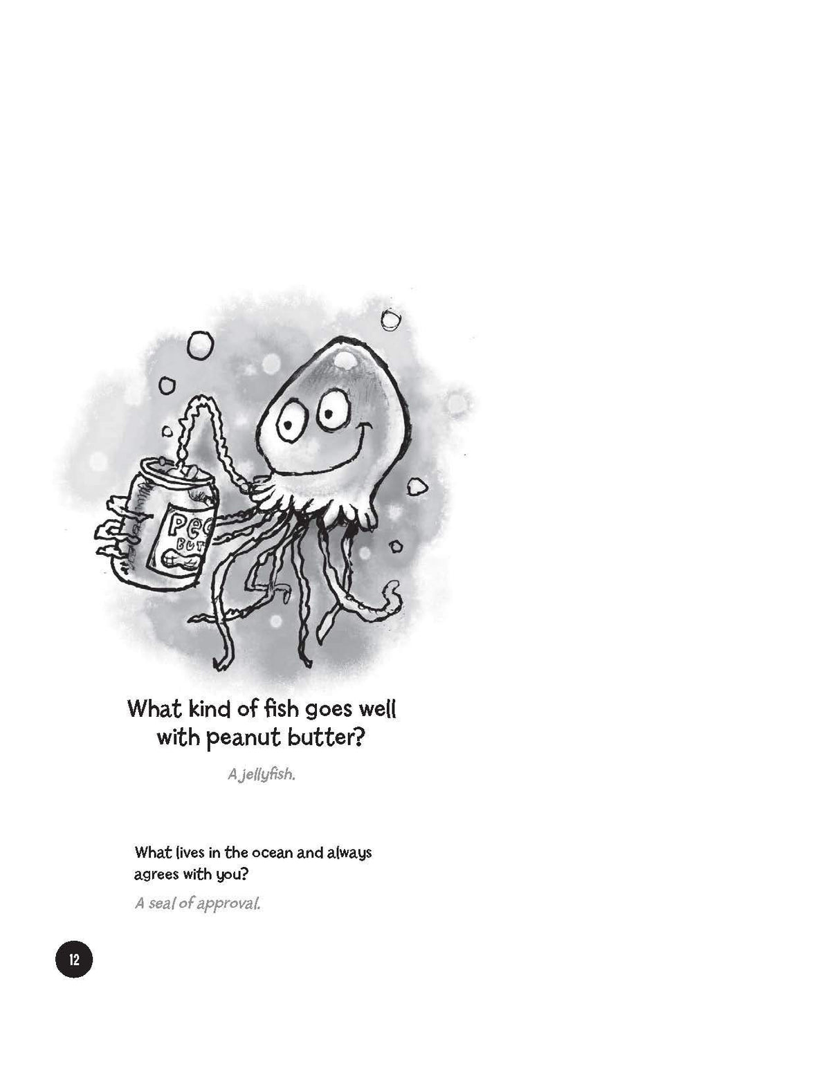 Page from Highlights Laugh Attack! joke book featuring a jellyfish cartoon and kid-friendly jokes about fish and peanut butter.