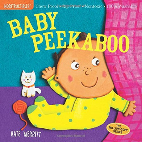 Indestructibles: Peekaboo baby in yellow pajamas playing peekaboo with cat and ball of yarn on colorful background