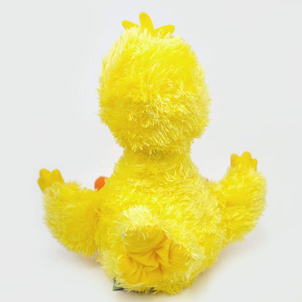 Big Bird plush showing soft, fuzzy yellow feathers and detailed back, perfect for cuddling and room decor.