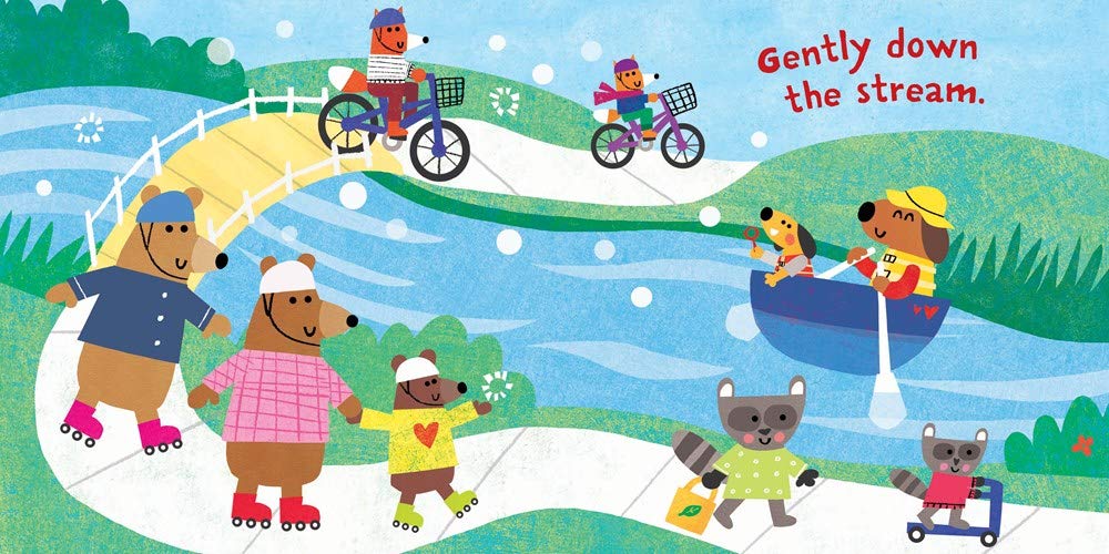 Indestructibles: Row Row Row Your Boat with colorful animals boating, biking, and skating by a river scene for babies.