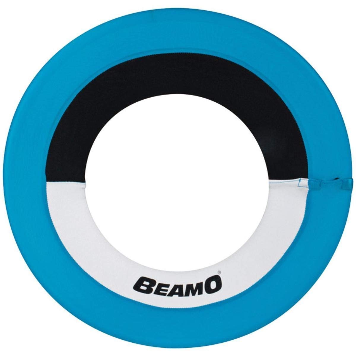 Beamo Junior flying disk with blue, black, and white foam ring and soft lycra material for easy throwing and catching.