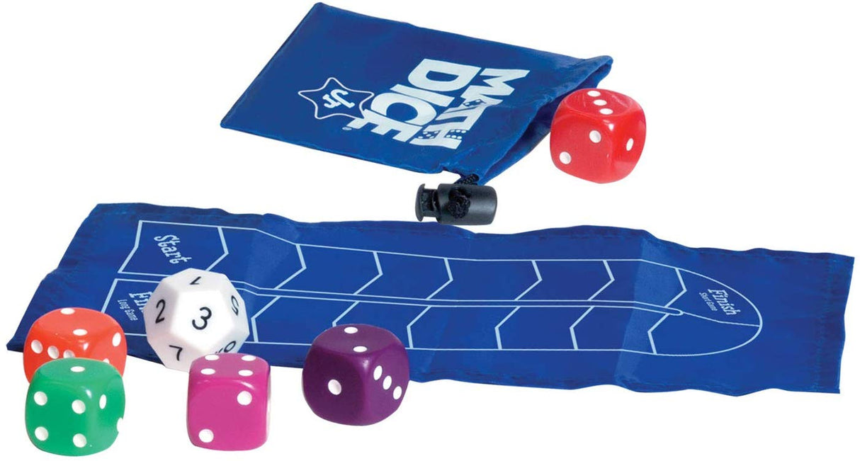 Math Dice Jr game with colorful dice, blue scoring track, and drawstring pouch for fun early math learning.