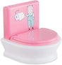 Interactive Toilet toy in pink and white with bear illustration, lid that opens and closes, and flush sounds for kids.