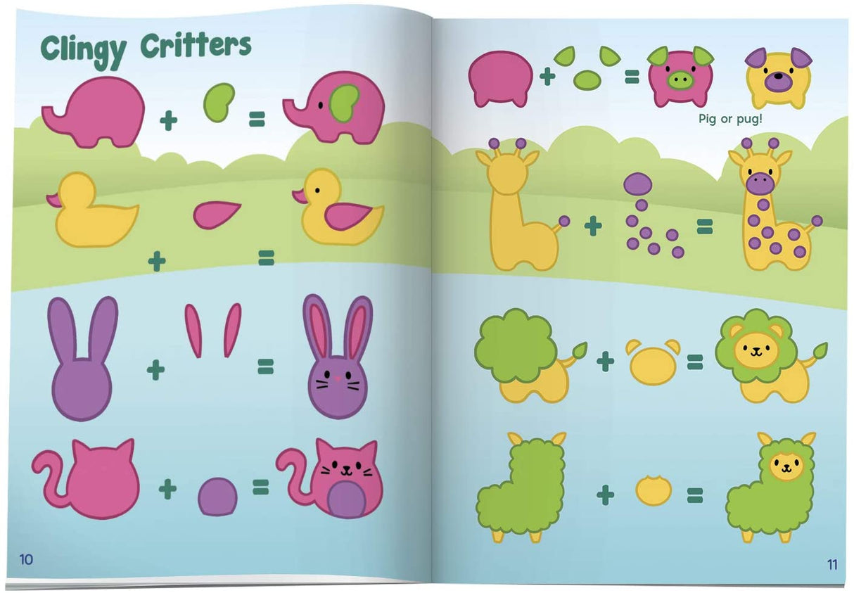 Paint & Peel Jelly Stickers guide showing how to create animal designs using paint shapes in a colorful activity book.