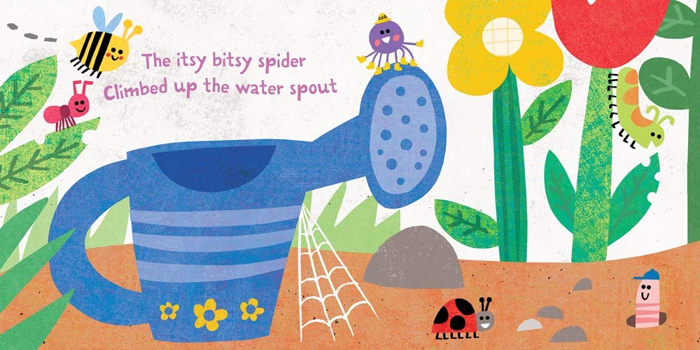 Indestructibles: Itsy Bitsy Spider showing colorful garden scene with watering can, insects, and spider web for baby story time.