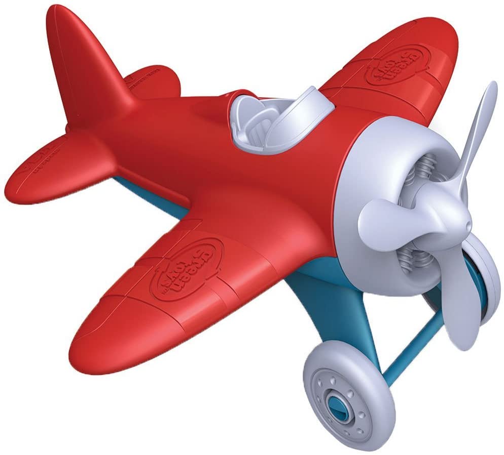 Airplane toy made from recycled plastic with spinning propeller, two-wheeled landing gear, and racing stripes for toddlers.