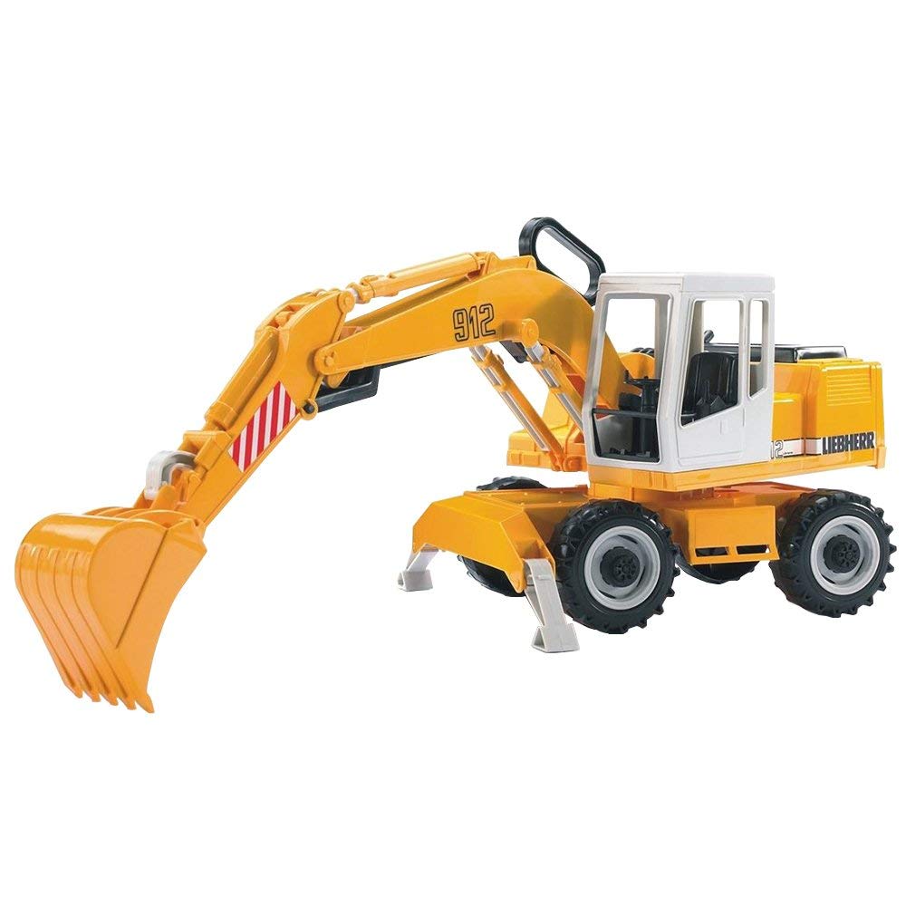 Liebherr Power Shovel toy with a fully functional arm, 360° rotating cab, stabilizer legs, and detailed design.