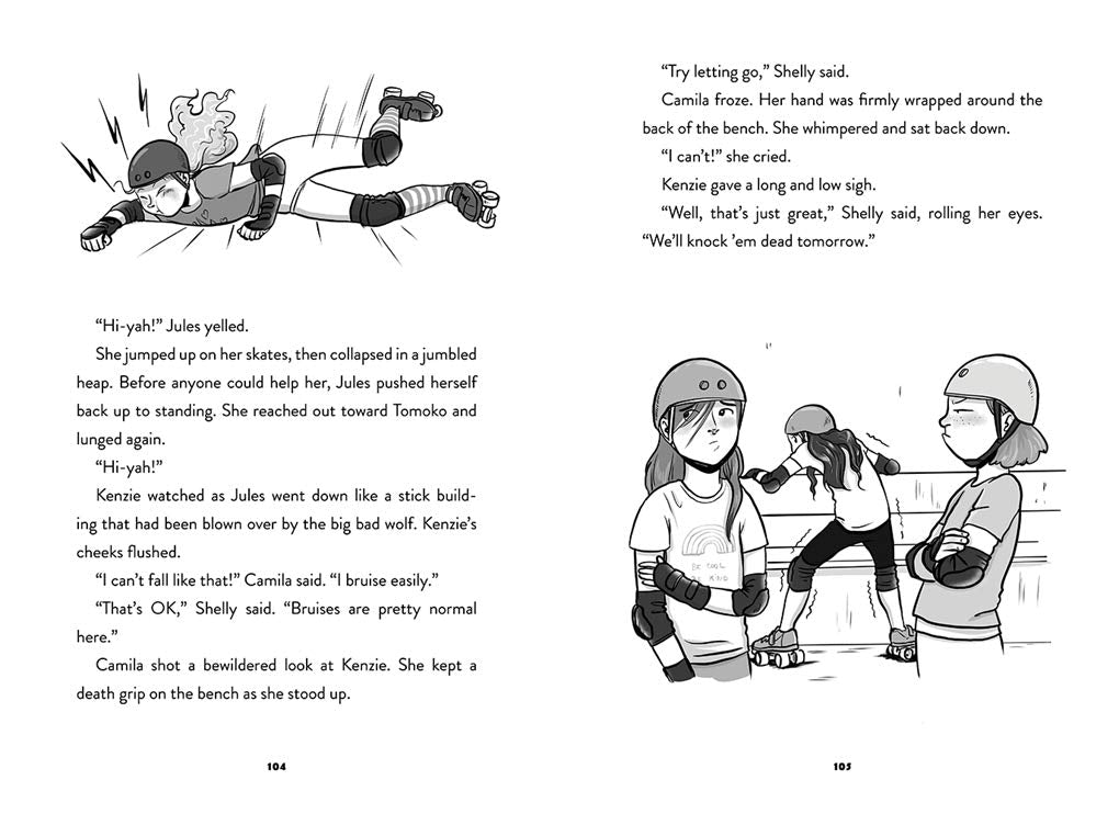 Derby Daredevils illustration showing girls roller skating and learning through playful falls and teamwork.