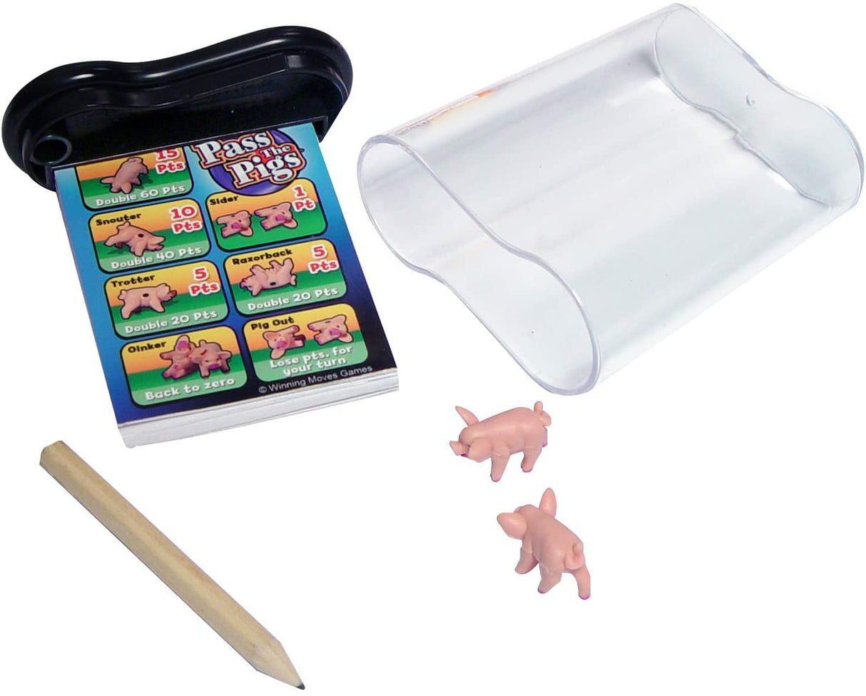 Pass the Pigs game set including two piglets, scorepad, pencil, and clear rolling cup in a black carrying case.