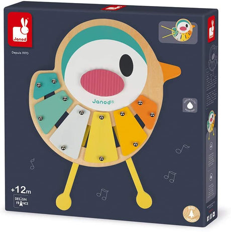 Pure Bird Xylophone wooden bird-shaped musical toy with 6 tones and soft colors for children 12 months and older.