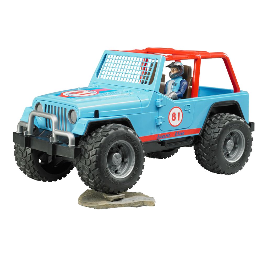 Jeep Cross Country Racer toy with large tyres, protective shield, removable doors, and driver figure, scale 1:16.