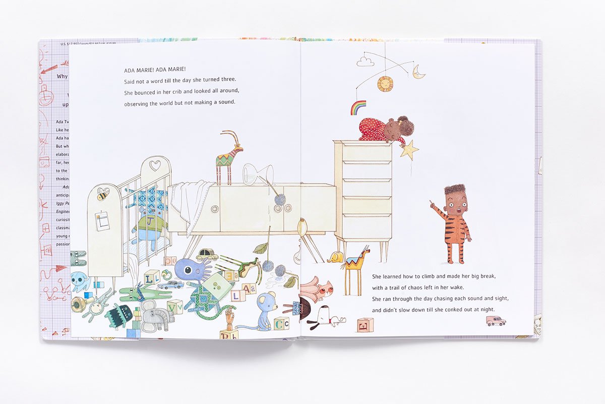 Open pages of Ada Twist, Scientist children's book illustrating a messy nursery with toys and furniture in soft watercolor style.