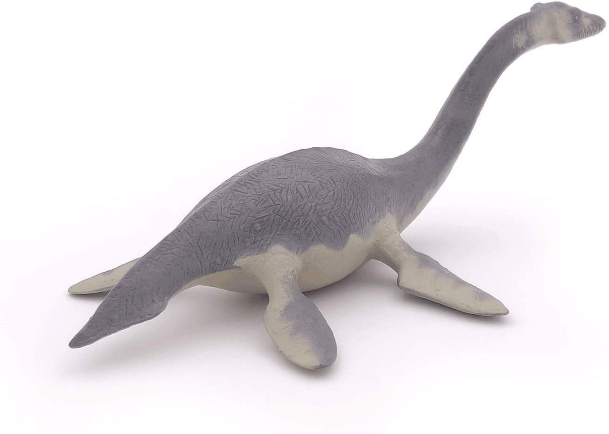 Plesiosaurus toy figure in gray and beige, perfect for Jurassic dinosaur play and learning for ages 5 and up.