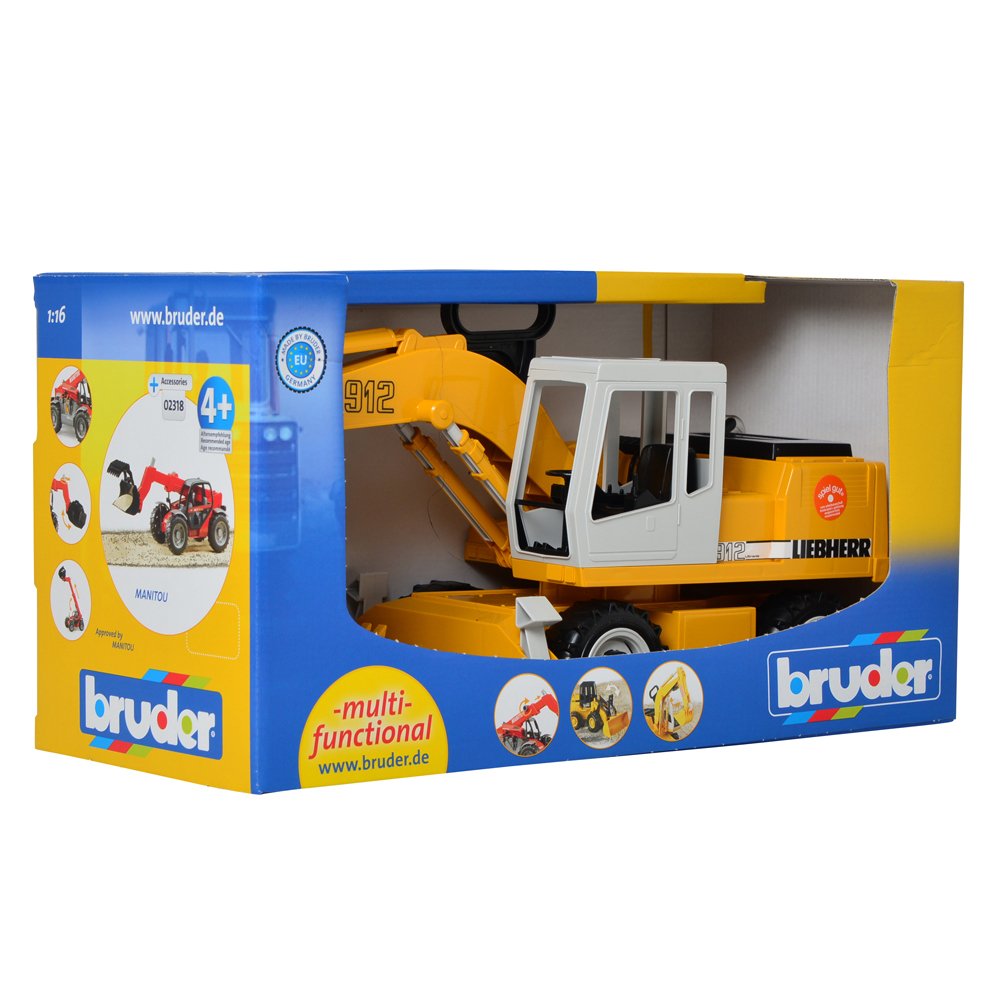 Liebherr Power Shovel toy in box with fully functional arm, 360° rotating cab, stabilizer legs, scale 1:16 model.