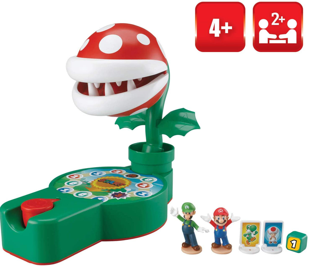 Super Mario Piranha Plant Escape! game with Piranha Plant, Mario and Luigi figures, game board, die, and character plates.