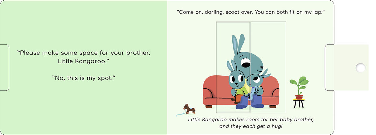Sharing: Pull & Play board book illustration of Little Kangaroo and baby brother sharing a spot on the couch.