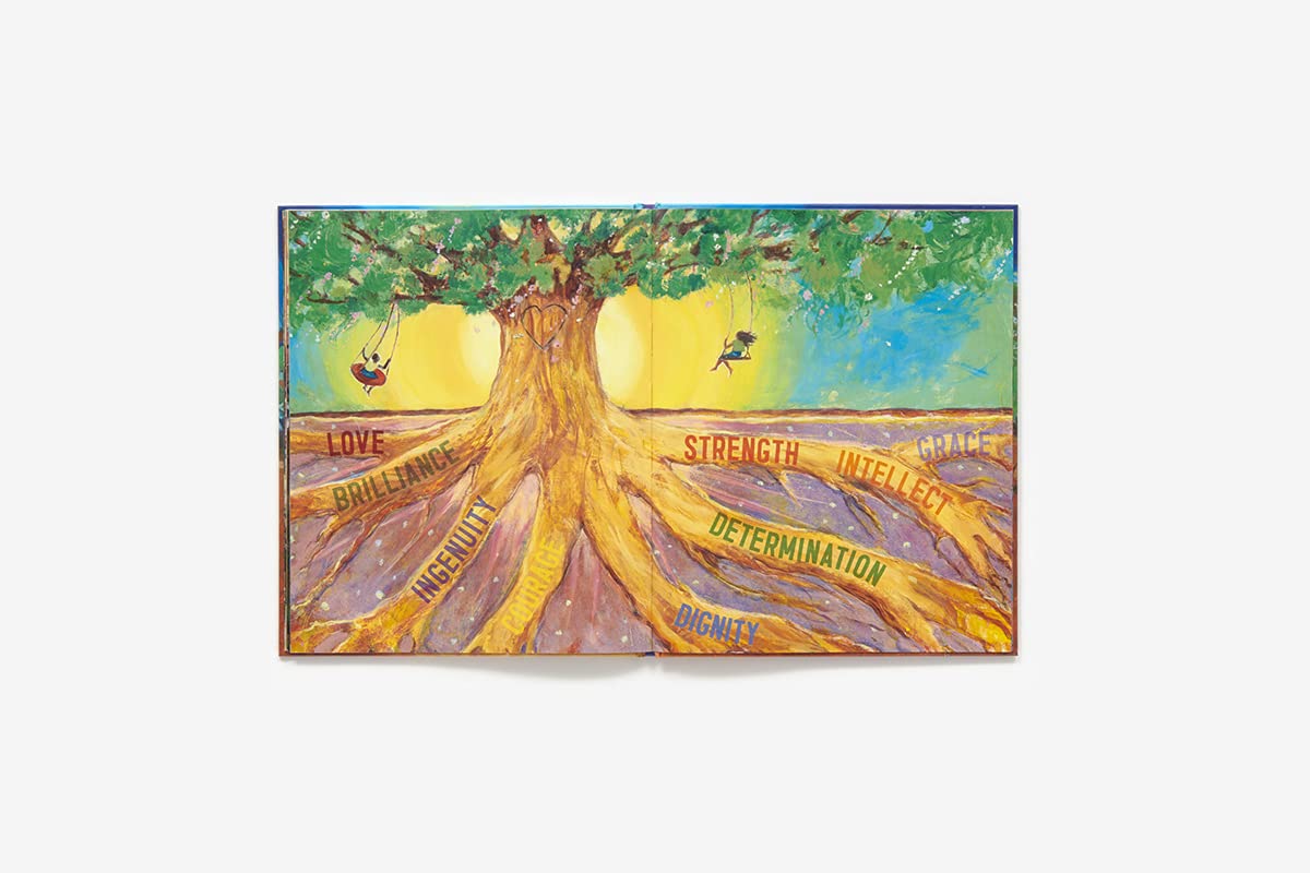Your Legacy book illustration of a large tree with roots symbolizing strength, intelligence, and dignity for children.