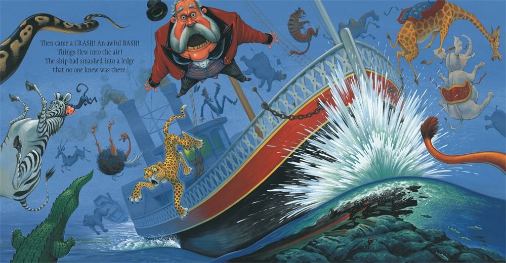 Circus Ship illustration of animals escaping a sinking ship with colorful, lively characters in a whimsical style.